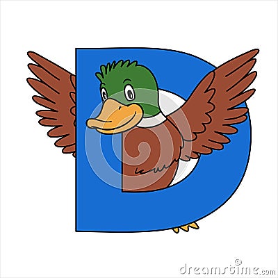 Animal alphabet. capital letter D, Duck. Vector illustration. For pre school education, kindergarten and foreign language learning Vector Illustration